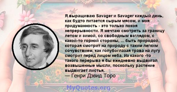 Я выращиваю Savager и Savager каждый день, как будто питается сырым мясом, и моя придуманность - это только покоя непрерывности. Я мечтаю смотреть за границу летом и зимой, со свободным взглядом, с какой-то горной