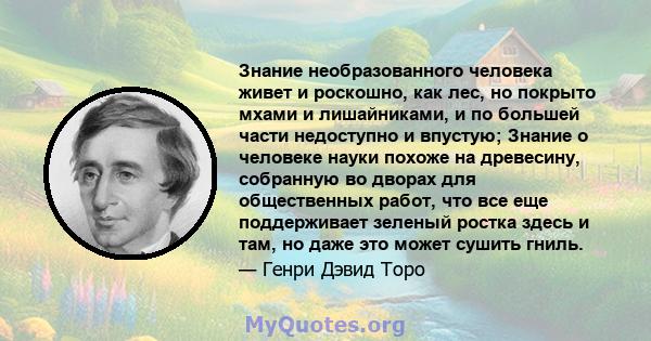 Знание необразованного человека живет и роскошно, как лес, но покрыто мхами и лишайниками, и по большей части недоступно и впустую; Знание о человеке науки похоже на древесину, собранную во дворах для общественных