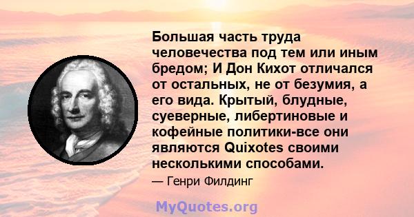 Большая часть труда человечества под тем или иным бредом; И Дон Кихот отличался от остальных, не от безумия, а его вида. Крытый, блудные, суеверные, либертиновые и кофейные политики-все они являются Quixotes своими