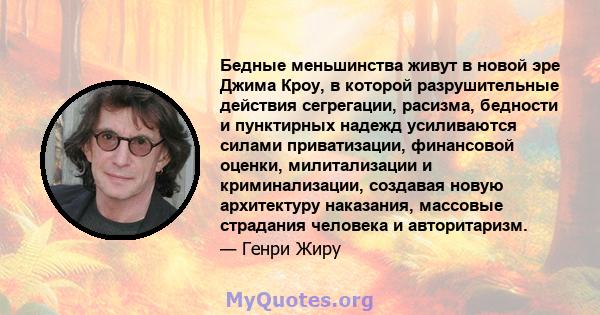 Бедные меньшинства живут в новой эре Джима Кроу, в которой разрушительные действия сегрегации, расизма, бедности и пунктирных надежд усиливаются силами приватизации, финансовой оценки, милитализации и криминализации,