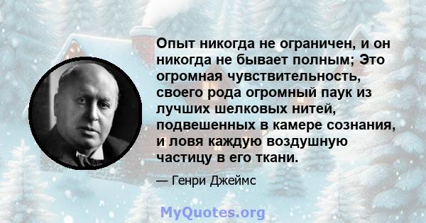 Опыт никогда не ограничен, и он никогда не бывает полным; Это огромная чувствительность, своего рода огромный паук из лучших шелковых нитей, подвешенных в камере сознания, и ловя каждую воздушную частицу в его ткани.