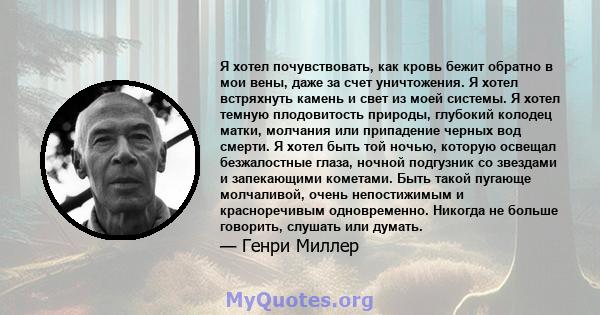 Я хотел почувствовать, как кровь бежит обратно в мои вены, даже за счет уничтожения. Я хотел встряхнуть камень и свет из моей системы. Я хотел темную плодовитость природы, глубокий колодец матки, молчания или припадение 