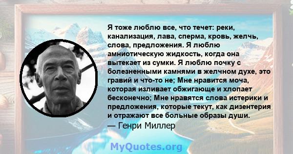 Я тоже люблю все, что течет: реки, канализация, лава, сперма, кровь, желчь, слова, предложения. Я люблю амниотическую жидкость, когда она вытекает из сумки. Я люблю почку с болезненными камнями в желчном духе, это