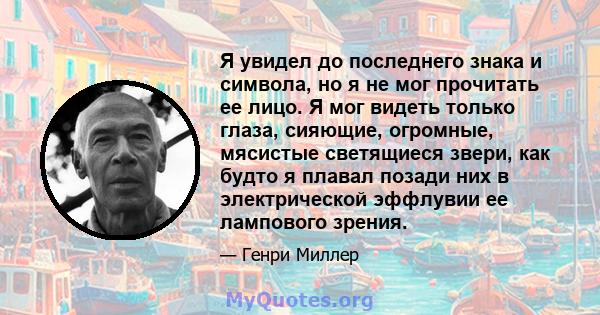 Я увидел до последнего знака и символа, но я не мог прочитать ее лицо. Я мог видеть только глаза, сияющие, огромные, мясистые светящиеся звери, как будто я плавал позади них в электрической эффлувии ее лампового зрения.