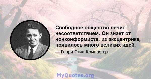 Свободное общество лечит несоответствием. Он знает от нонконформиста, из эксцентрика, появилось много великих идей.