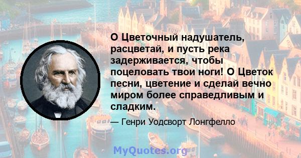 O Цветочный надушатель, расцветай, и пусть река задерживается, чтобы поцеловать твои ноги! O Цветок песни, цветение и сделай вечно миром более справедливым и сладким.