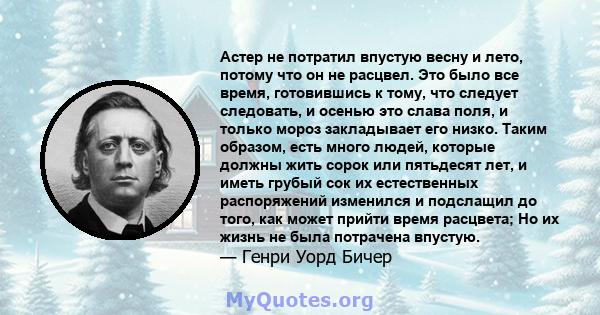 Астер не потратил впустую весну и лето, потому что он не расцвел. Это было все время, готовившись к тому, что следует следовать, и осенью это слава поля, и только мороз закладывает его низко. Таким образом, есть много