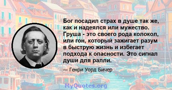 Бог посадил страх в душе так же, как и надеялся или мужество. Груша - это своего рода колокол, или гон, который зажигает разум в быструю жизнь и избегает подхода к опасности. Это сигнал души для ралли.