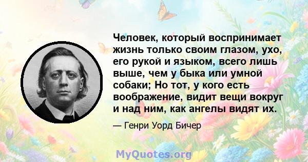 Человек, который воспринимает жизнь только своим глазом, ухо, его рукой и языком, всего лишь выше, чем у быка или умной собаки; Но тот, у кого есть воображение, видит вещи вокруг и над ним, как ангелы видят их.