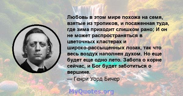 Любовь в этом мире похожа на семя, взятые из тропиков, и посаженная туда, где зима приходит слишком рано; И он не может распространяться в цветочных кластерах и широко-рассыщенных лозах, так что весь воздух наполнен