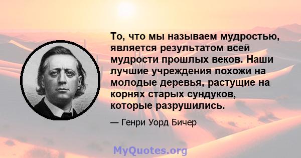 То, что мы называем мудростью, является результатом всей мудрости прошлых веков. Наши лучшие учреждения похожи на молодые деревья, растущие на корнях старых сундуков, которые разрушились.