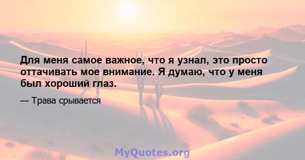 Для меня самое важное, что я узнал, это просто оттачивать мое внимание. Я думаю, что у меня был хороший глаз.