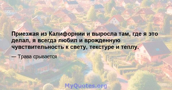 Приезжая из Калифорнии и выросла там, где я это делал, я всегда любил и врожденную чувствительность к свету, текстуре и теплу.