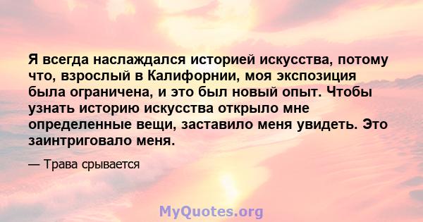 Я всегда наслаждался историей искусства, потому что, взрослый в Калифорнии, моя экспозиция была ограничена, и это был новый опыт. Чтобы узнать историю искусства открыло мне определенные вещи, заставило меня увидеть. Это 