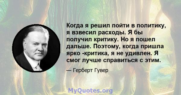 Когда я решил пойти в политику, я взвесил расходы. Я бы получил критику. Но я пошел дальше. Поэтому, когда пришла ярко -критика, я не удивлен. Я смог лучше справиться с этим.