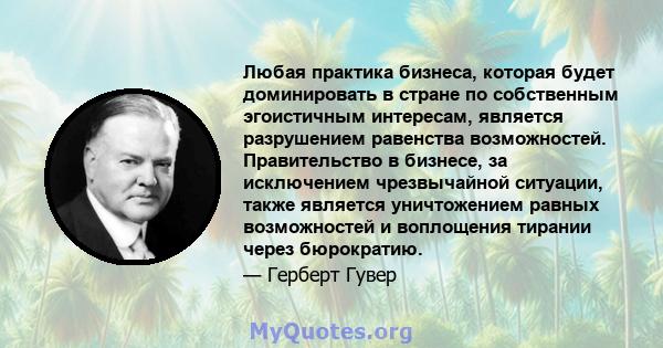 Любая практика бизнеса, которая будет доминировать в стране по собственным эгоистичным интересам, является разрушением равенства возможностей. Правительство в бизнесе, за исключением чрезвычайной ситуации, также