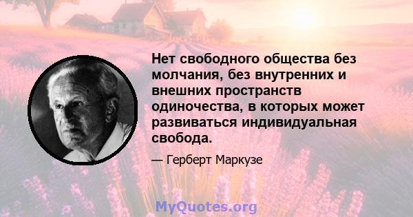 Нет свободного общества без молчания, без внутренних и внешних пространств одиночества, в которых может развиваться индивидуальная свобода.