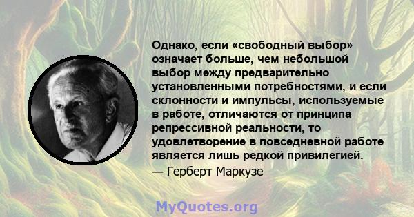 Однако, если «свободный выбор» означает больше, чем небольшой выбор между предварительно установленными потребностями, и если склонности и импульсы, используемые в работе, отличаются от принципа репрессивной реальности, 