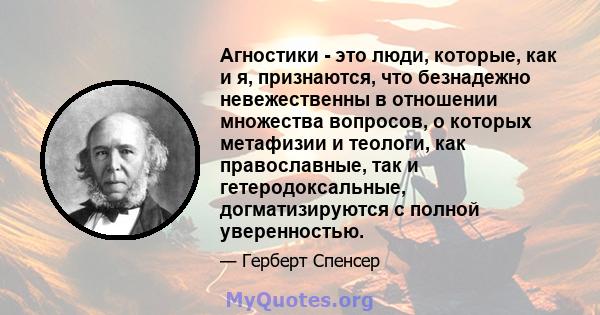 Агностики - это люди, которые, как и я, признаются, что безнадежно невежественны в отношении множества вопросов, о которых метафизии и теологи, как православные, так и гетеродоксальные, догматизируются с полной