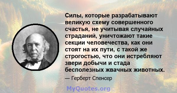 Силы, которые разрабатывают великую схему совершенного счастья, не учитывая случайных страданий, уничтожают такие секции человечества, как они стоят на их пути, с такой же строгостью, что они истребляют звери добычи и