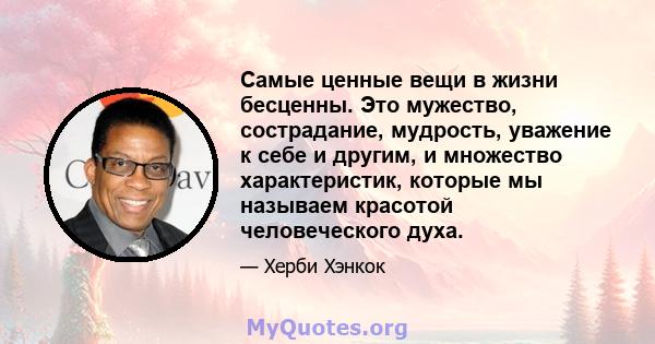 Самые ценные вещи в жизни бесценны. Это мужество, сострадание, мудрость, уважение к себе и другим, и множество характеристик, которые мы называем красотой человеческого духа.