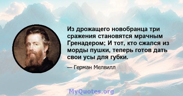 Из дрожащего новобранца три сражения становятся мрачным Гренадером; И тот, кто сжался из морды пушки, теперь готов дать свои усы для губки.