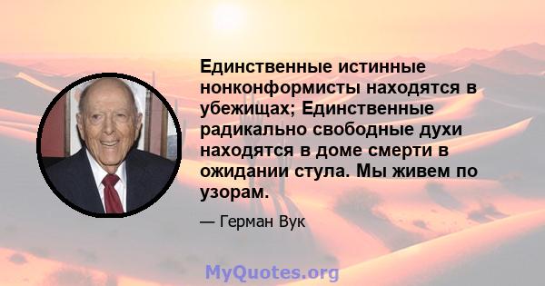 Единственные истинные нонконформисты находятся в убежищах; Единственные радикально свободные духи находятся в доме смерти в ожидании стула. Мы живем по узорам.