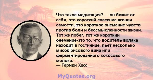 Что такое медитация? ... он бежит от себя, это короткий спасение агонии самости, это короткое онемение чувств против боли и бессмысленности жизни. Тот же побег, тот же короткий онемение-это то, что водитель волака