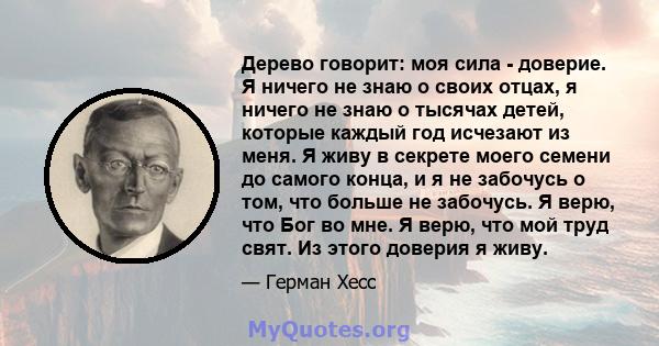 Дерево говорит: моя сила - доверие. Я ничего не знаю о своих отцах, я ничего не знаю о тысячах детей, которые каждый год исчезают из меня. Я живу в секрете моего семени до самого конца, и я не забочусь о том, что больше 