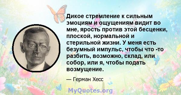 Дикое стремление к сильным эмоциям и ощущениям видит во мне, ярость против этой бесценки, плоской, нормальной и стерильной жизни. У меня есть безумный импульс, чтобы что -то разбить, возможно, склад, или собор, или я,