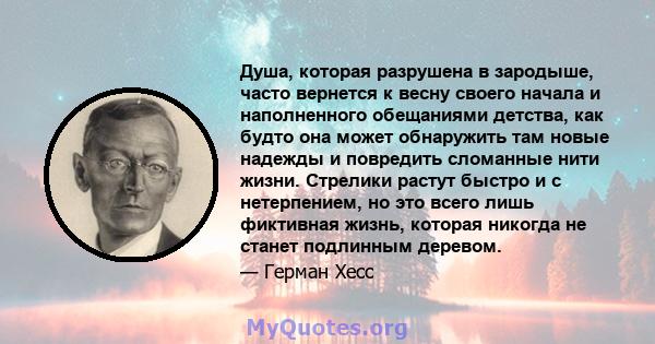 Душа, которая разрушена в зародыше, часто вернется к весну своего начала и наполненного обещаниями детства, как будто она может обнаружить там новые надежды и повредить сломанные нити жизни. Стрелики растут быстро и с