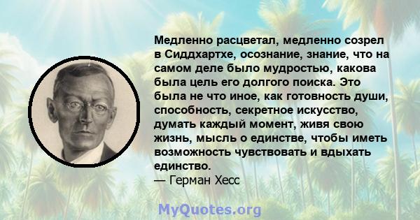 Медленно расцветал, медленно созрел в Сиддхартхе, осознание, знание, что на самом деле было мудростью, какова была цель его долгого поиска. Это была не что иное, как готовность души, способность, секретное искусство,