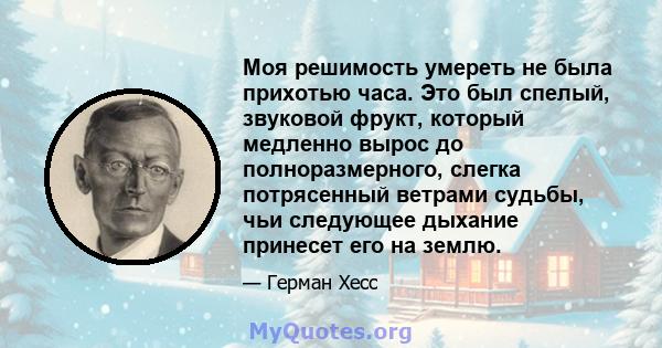 Моя решимость умереть не была прихотью часа. Это был спелый, звуковой фрукт, который медленно вырос до полноразмерного, слегка потрясенный ветрами судьбы, чьи следующее дыхание принесет его на землю.