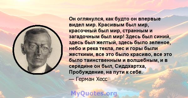 Он оглянулся, как будто он впервые видел мир. Красивым был мир, красочный был мир, странным и загадочным был мир! Здесь был синий, здесь был желтый, здесь было зеленое, небо и река текла, лес и горы были жесткими, все