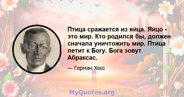 Птица сражается из яйца. Яйцо - это мир. Кто родился бы, должен сначала уничтожить мир. Птица летит к Богу. Бога зовут Абраксас.