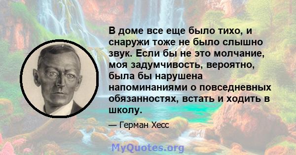 В доме все еще было тихо, и снаружи тоже не было слышно звук. Если бы не это молчание, моя задумчивость, вероятно, была бы нарушена напоминаниями о повседневных обязанностях, встать и ходить в школу.