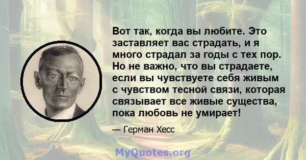 Вот так, когда вы любите. Это заставляет вас страдать, и я много страдал за годы с тех пор. Но не важно, что вы страдаете, если вы чувствуете себя живым с чувством тесной связи, которая связывает все живые существа,