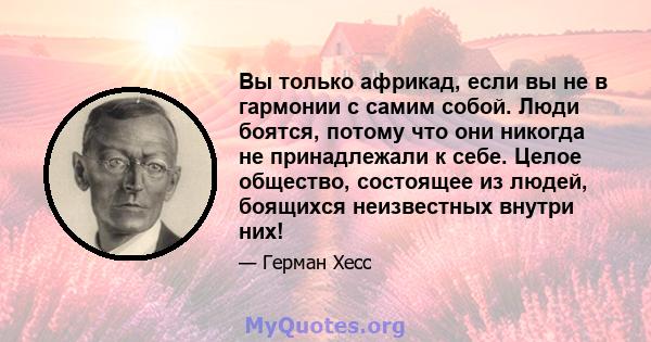 Вы только африкад, если вы не в гармонии с самим собой. Люди боятся, потому что они никогда не принадлежали к себе. Целое общество, состоящее из людей, боящихся неизвестных внутри них!