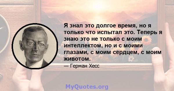 Я знал это долгое время, но я только что испытал это. Теперь я знаю это не только с моим интеллектом, но и с моими глазами, с моим сердцем, с моим животом.