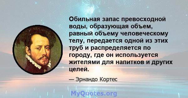 Обильная запас превосходной воды, образующая объем, равный объему человеческому телу, передается одной из этих труб и распределяется по городу, где он используется жителями для напитков и других целей.