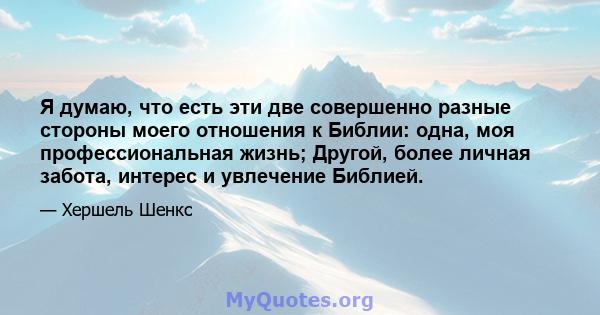 Я думаю, что есть эти две совершенно разные стороны моего отношения к Библии: одна, моя профессиональная жизнь; Другой, более личная забота, интерес и увлечение Библией.