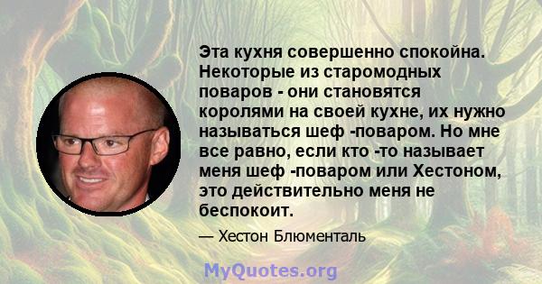 Эта кухня совершенно спокойна. Некоторые из старомодных поваров - они становятся королями на своей кухне, их нужно называться шеф -поваром. Но мне все равно, если кто -то называет меня шеф -поваром или Хестоном, это