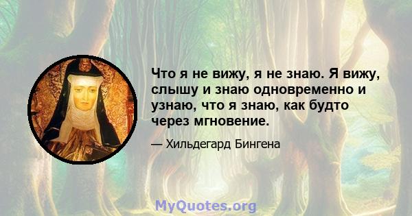 Что я не вижу, я не знаю. Я вижу, слышу и знаю одновременно и узнаю, что я знаю, как будто через мгновение.