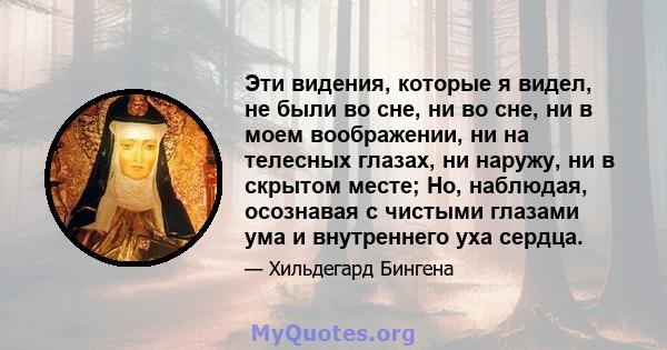 Эти видения, которые я видел, не были во сне, ни во сне, ни в моем воображении, ни на телесных глазах, ни наружу, ни в скрытом месте; Но, наблюдая, осознавая с чистыми глазами ума и внутреннего уха сердца.