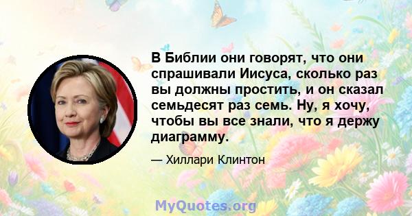 В Библии они говорят, что они спрашивали Иисуса, сколько раз вы должны простить, и он сказал семьдесят раз семь. Ну, я хочу, чтобы вы все знали, что я держу диаграмму.