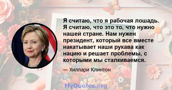 Я считаю, что я рабочая лошадь. Я считаю, что это то, что нужно нашей стране. Нам нужен президент, который все вместе накатывает наши рукава как нацию и решает проблемы, с которыми мы сталкиваемся.