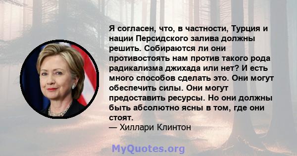 Я согласен, что, в частности, Турция и нации Персидского залива должны решить. Собираются ли они противостоять нам против такого рода радикализма джихада или нет? И есть много способов сделать это. Они могут обеспечить