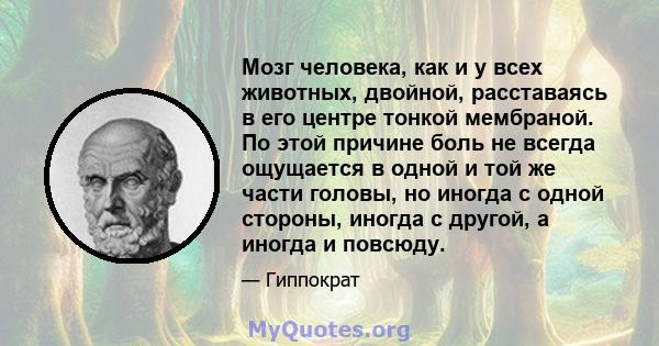 Мозг человека, как и у всех животных, двойной, расставаясь в его центре тонкой мембраной. По этой причине боль не всегда ощущается в одной и той же части головы, но иногда с одной стороны, иногда с другой, а иногда и