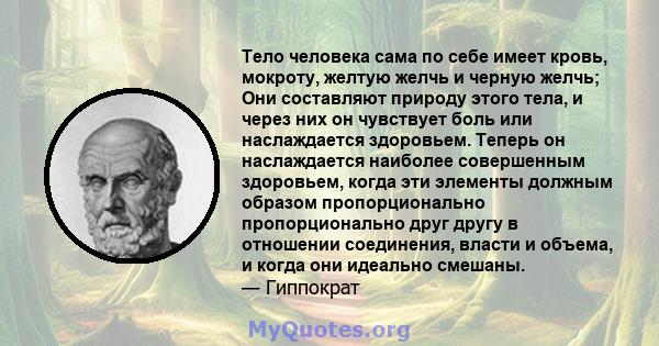 Тело человека сама по себе имеет кровь, мокроту, желтую желчь и черную желчь; Они составляют природу этого тела, и через них он чувствует боль или наслаждается здоровьем. Теперь он наслаждается наиболее совершенным