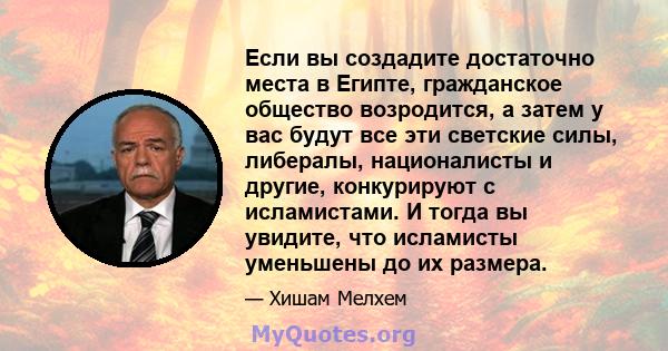 Если вы создадите достаточно места в Египте, гражданское общество возродится, а затем у вас будут все эти светские силы, либералы, националисты и другие, конкурируют с исламистами. И тогда вы увидите, что исламисты